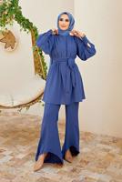 Tesettür giyim LACİVERT PAÇA DETAYLI KUŞAKLI PANTOLONLU TAKIM 1010 