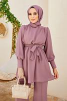 Tesettür giyim PEMBE PAÇA DETAYLI KUŞAKLI PANTOLONLU TAKIM 1010 