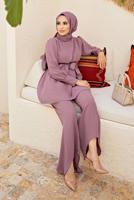 Tesettür giyim PEMBE PAÇA DETAYLI KUŞAKLI PANTOLONLU TAKIM 1010 