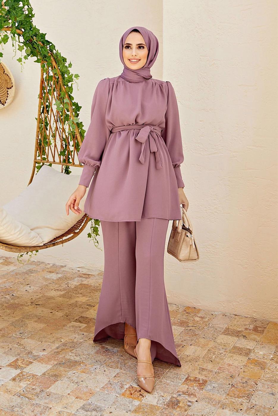 Tesettür giyim PEMBE PAÇA DETAYLI KUŞAKLI PANTOLONLU TAKIM 1010 