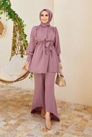Tesettür giyim PEMBE PAÇA DETAYLI KUŞAKLI PANTOLONLU TAKIM 1010 