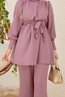 Tesettür giyim PEMBE PAÇA DETAYLI KUŞAKLI PANTOLONLU TAKIM 1010 