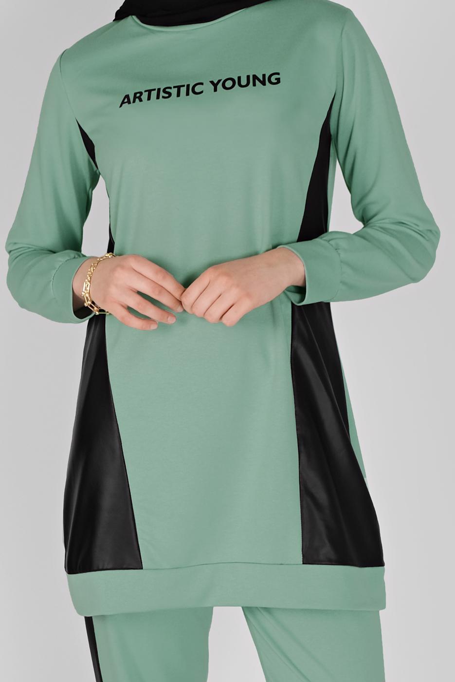 Vêtements hijab VERT COSTUME 2 PIÈCES AVEC PANTALON DÉTAILS CUIR 1256