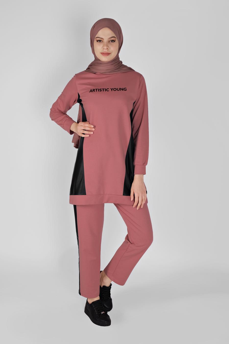 Tesettür giyim PEMBE DERİ DETAYLI İKİLİ PANTOLONLU TAKIM 1256
