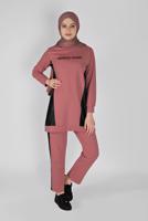 Tesettür giyim PEMBE DERİ DETAYLI İKİLİ PANTOLONLU TAKIM 1256