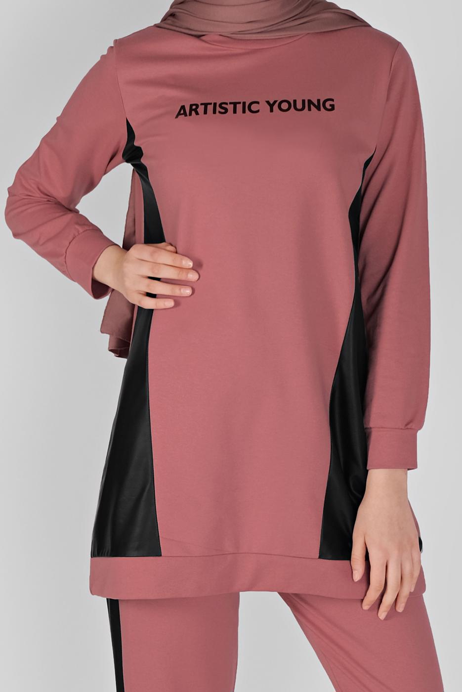 Tesettür giyim PEMBE DERİ DETAYLI İKİLİ PANTOLONLU TAKIM 1256