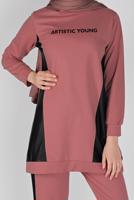 Tesettür giyim PEMBE DERİ DETAYLI İKİLİ PANTOLONLU TAKIM 1256