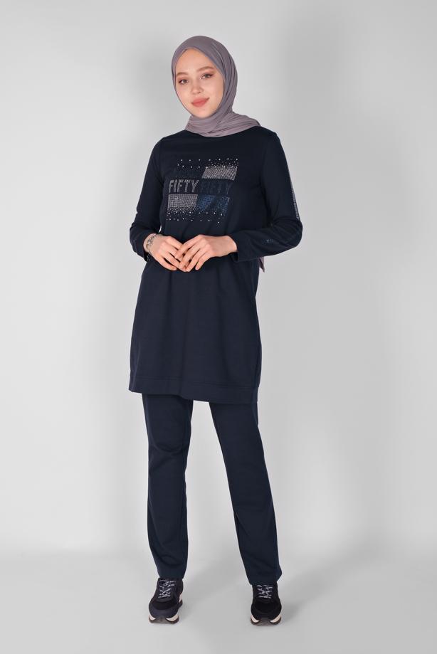 Vêtements hijab  STONE PRINTED 2-PIECE TRACKSUIT SET WITH PANTS 1307  - TRENDTESETTÜR