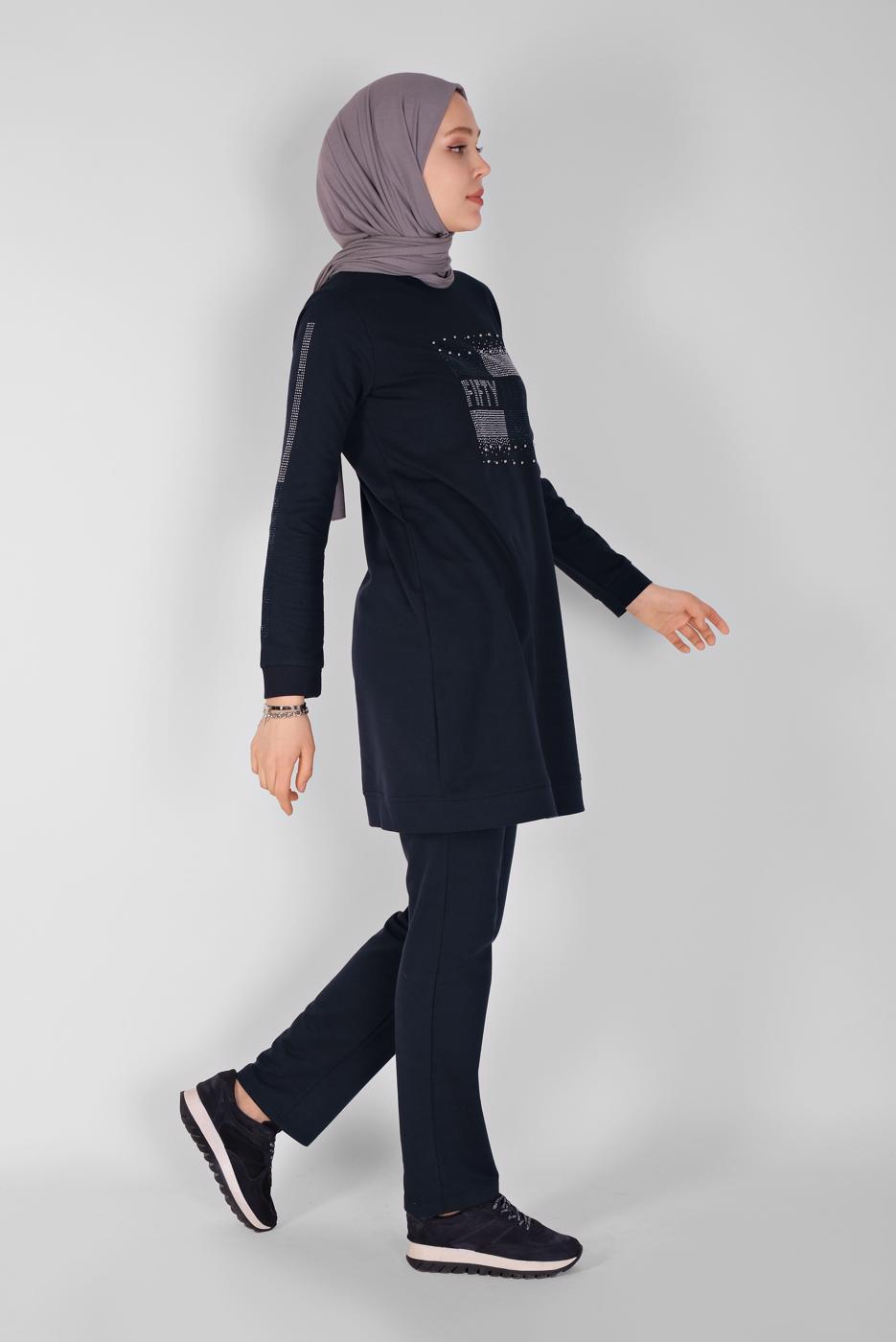 Vêtements hijab BLEU MARINE ENSEMBLE DE SURVÊTEMENT 2 PIÈCES AVEC PANTALON IMPRIMÉ PIERRE 1307