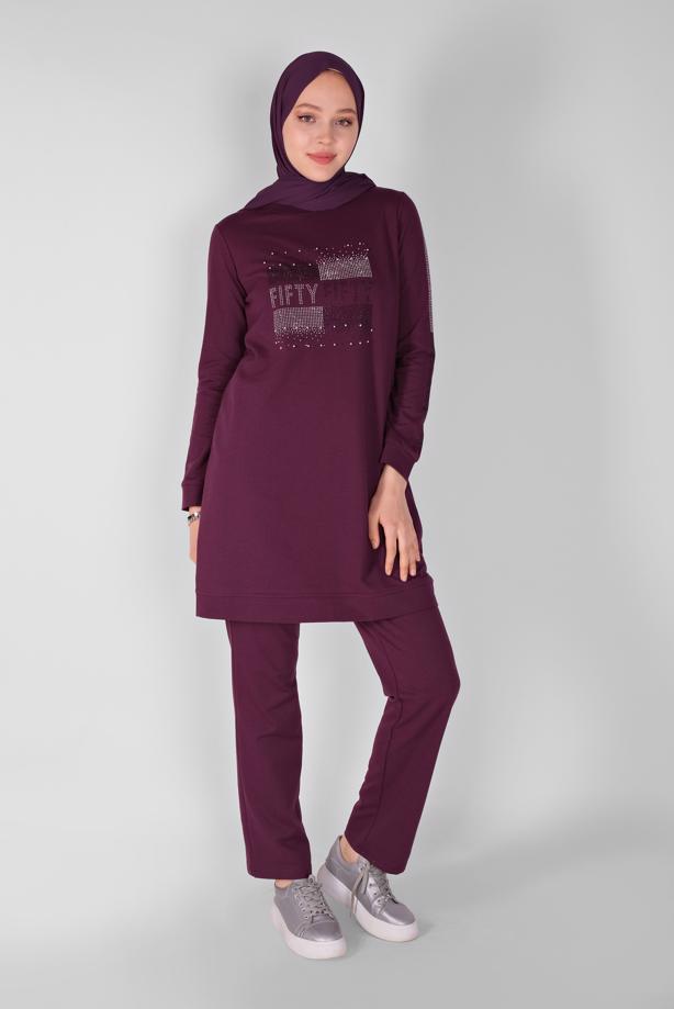 Vêtements hijab  STONE PRINTED 2-PIECE TRACKSUIT SET WITH PANTS 1307  - TRENDTESETTÜR
