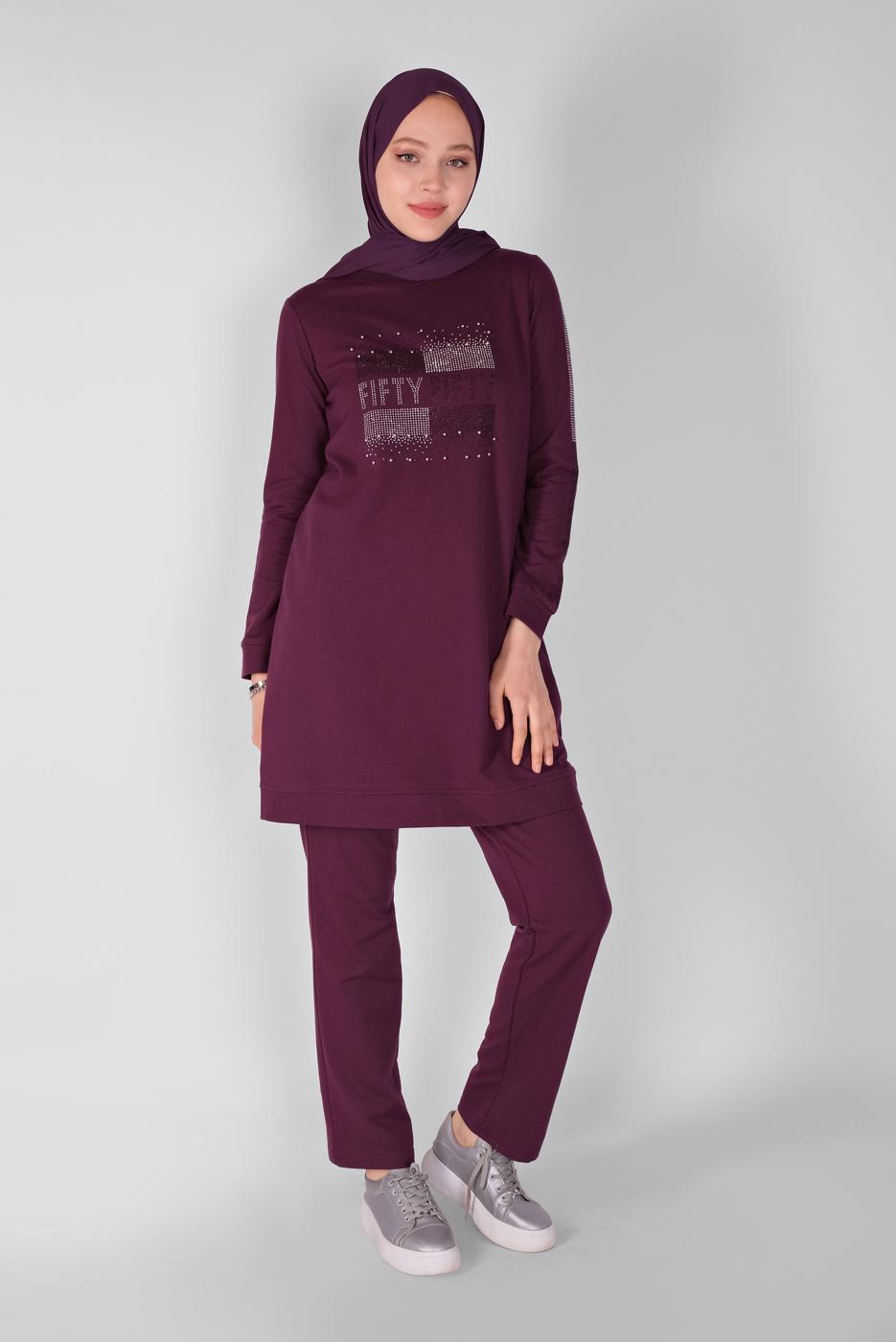 Vêtements hijab PRUNE ENSEMBLE DE SURVÊTEMENT 2 PIÈCES AVEC PANTALON IMPRIMÉ PIERRE 1307