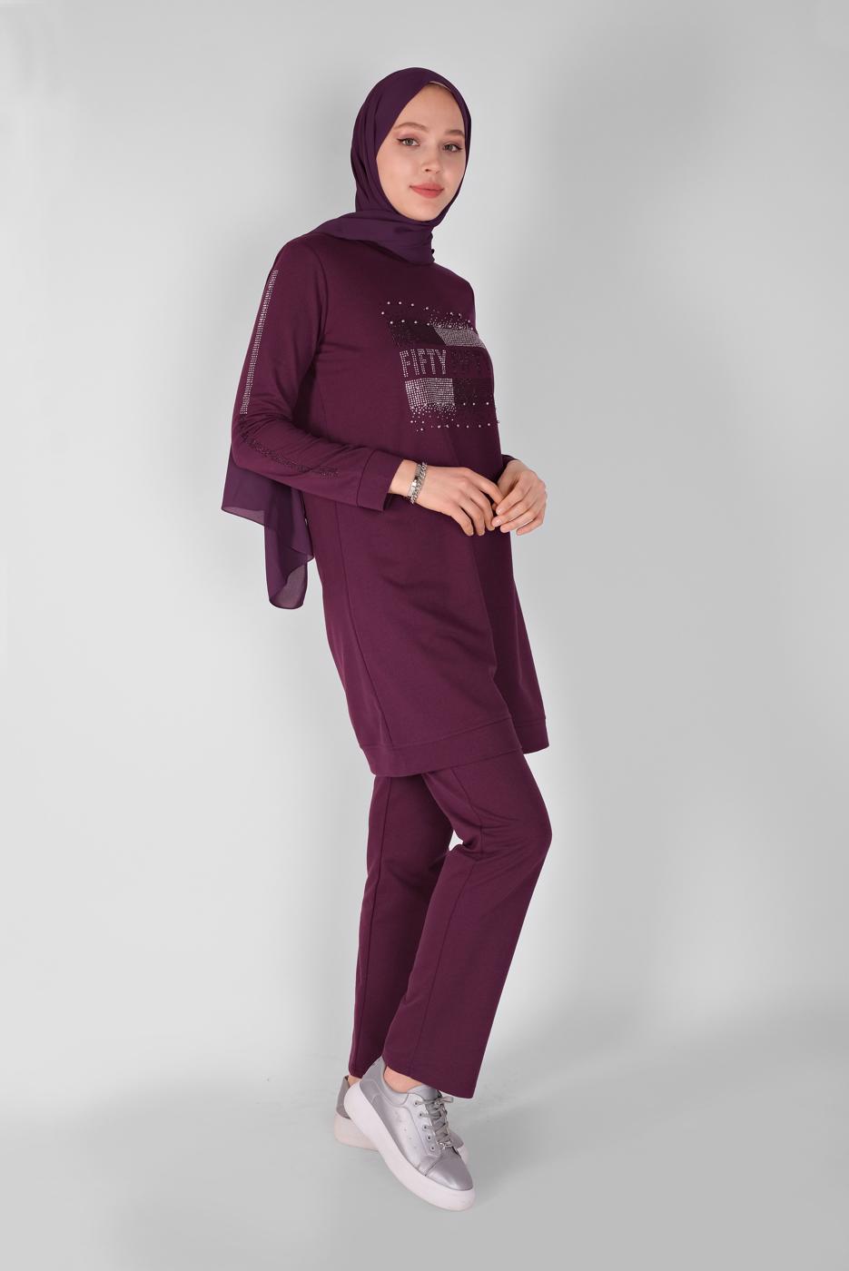 Vêtements hijab PRUNE ENSEMBLE DE SURVÊTEMENT 2 PIÈCES AVEC PANTALON IMPRIMÉ PIERRE 1307