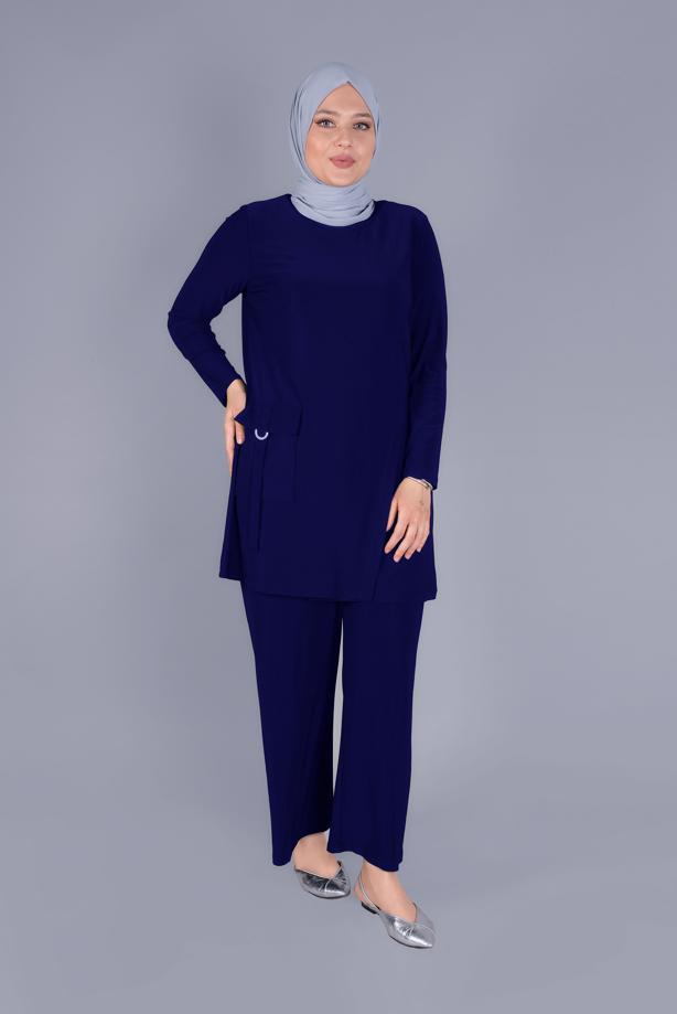 Tesettür giyim LACİVERT ALVİNA CEP DETAYLI İKİLİ PANTOLONLU TAKIM T 20157 - TRENDTESETTÜR