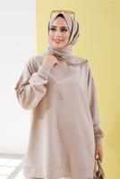 Tesettür giyim BEJ ZİNCİR DETAYLI BOL PAÇA İKİLİ PANTOLONLU TAKIM 2210 