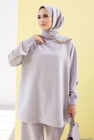 Tesettür giyim GRİ ZİNCİR DETAYLI BOL PAÇA İKİLİ PANTOLONLU TAKIM 2210 
