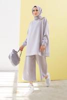 Tesettür giyim GRİ ZİNCİR DETAYLI BOL PAÇA İKİLİ PANTOLONLU TAKIM 2210 