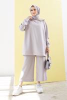 Tesettür giyim GRİ ZİNCİR DETAYLI BOL PAÇA İKİLİ PANTOLONLU TAKIM 2210 