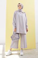Tesettür giyim GRİ ZİNCİR DETAYLI BOL PAÇA İKİLİ PANTOLONLU TAKIM 2210 