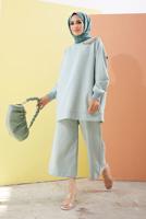 Tesettür giyim YEŞİL ZİNCİR DETAYLI BOL PAÇA İKİLİ PANTOLONLU TAKIM 2210 