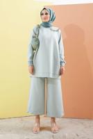 Tesettür giyim YEŞİL ZİNCİR DETAYLI BOL PAÇA İKİLİ PANTOLONLU TAKIM 2210 