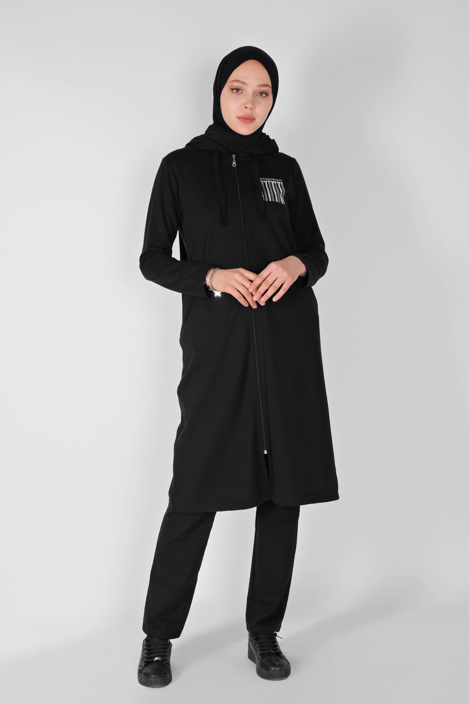 Vêtements hijab NOIR ENSEMBLE DE SURVÊTEMENT ZIPPÉ IMPRIMÉ PIERRE AVEC PANTALON 2307