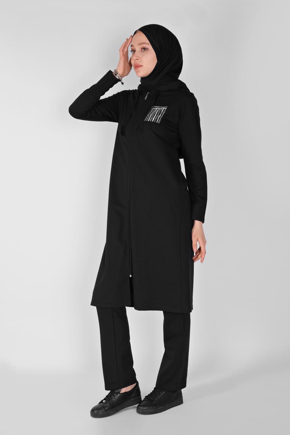 Vêtements hijab NOIR ENSEMBLE DE SURVÊTEMENT ZIPPÉ IMPRIMÉ PIERRE AVEC PANTALON 2307