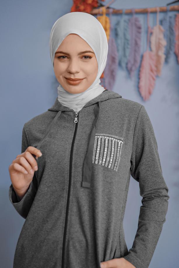 Vêtements hijab  STONE PRINTED ZIPPERED TRACKSUIT SET WITH PANTS 2307   - TRENDTESETTÜR