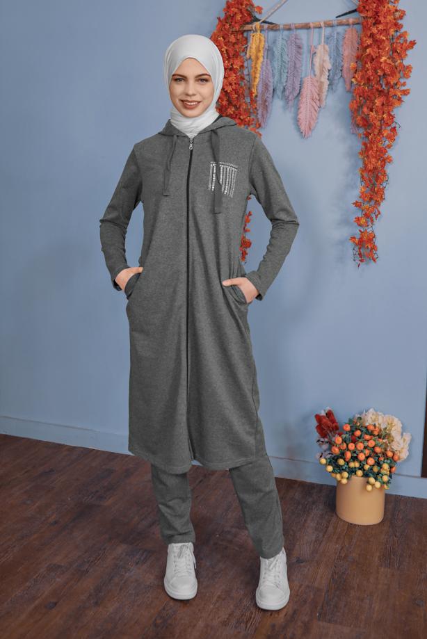 Vêtements hijab  STONE PRINTED ZIPPERED TRACKSUIT SET WITH PANTS 2307   - TRENDTESETTÜR