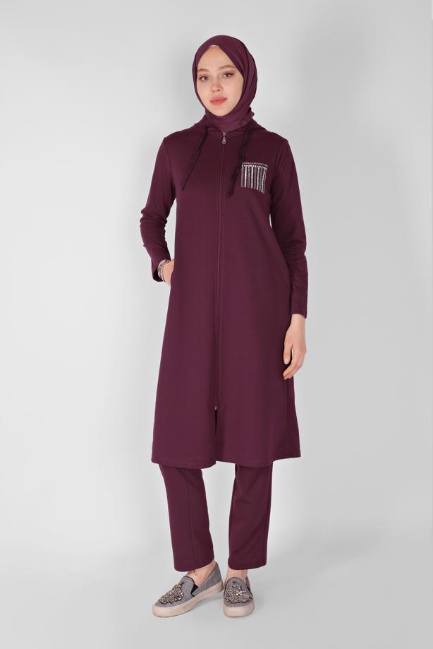 Vêtements hijab  STONE PRINTED ZIPPERED TRACKSUIT SET WITH PANTS 2307   - TRENDTESETTÜR