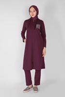 Hijab clothing CLARET RED STONE PRINTED ZIPPERED TRACKSUIT SET WITH PANTS 2307  
