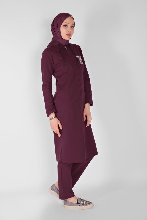 Vêtements hijab  STONE PRINTED ZIPPERED TRACKSUIT SET WITH PANTS 2307   - TRENDTESETTÜR