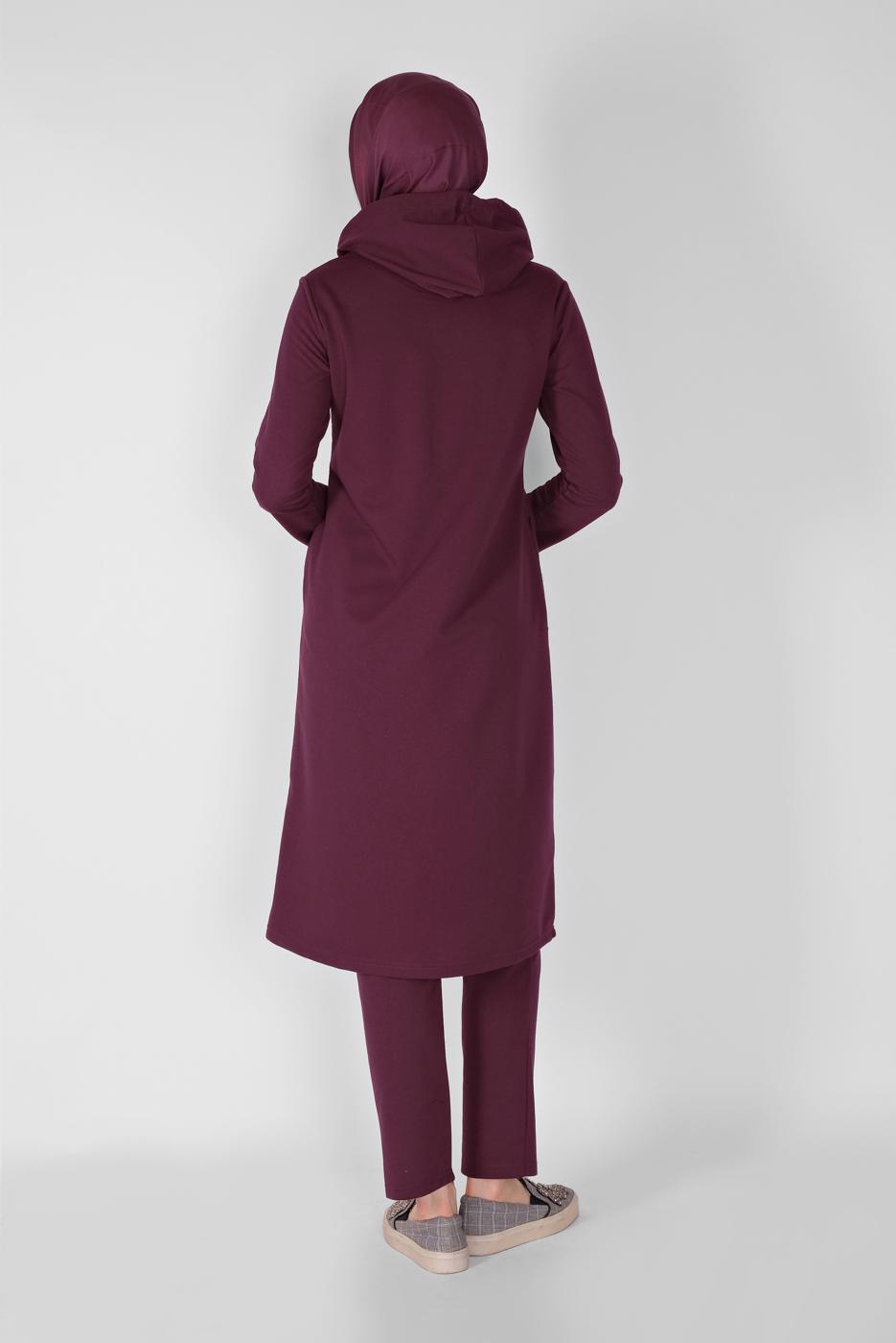 Hijab clothing CLARET RED STONE PRINTED ZIPPERED TRACKSUIT SET WITH PANTS 2307  