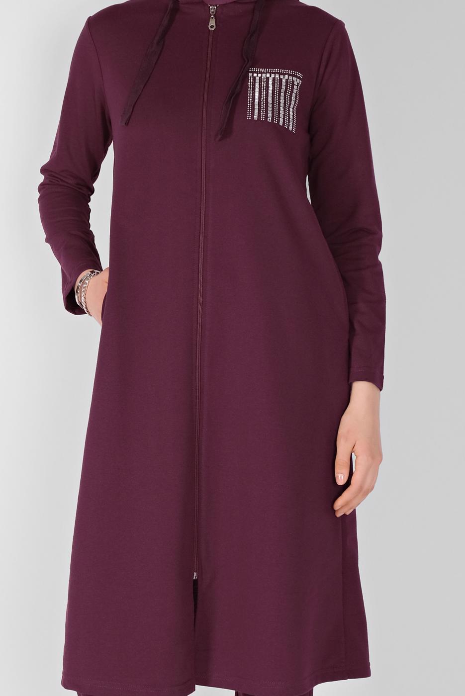 Hijab clothing CLARET RED STONE PRINTED ZIPPERED TRACKSUIT SET WITH PANTS 2307  