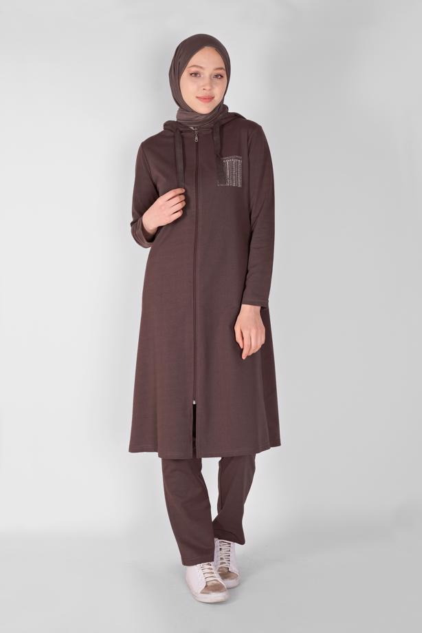 Vêtements hijab  STONE PRINTED ZIPPERED TRACKSUIT SET WITH PANTS 2307   - TRENDTESETTÜR