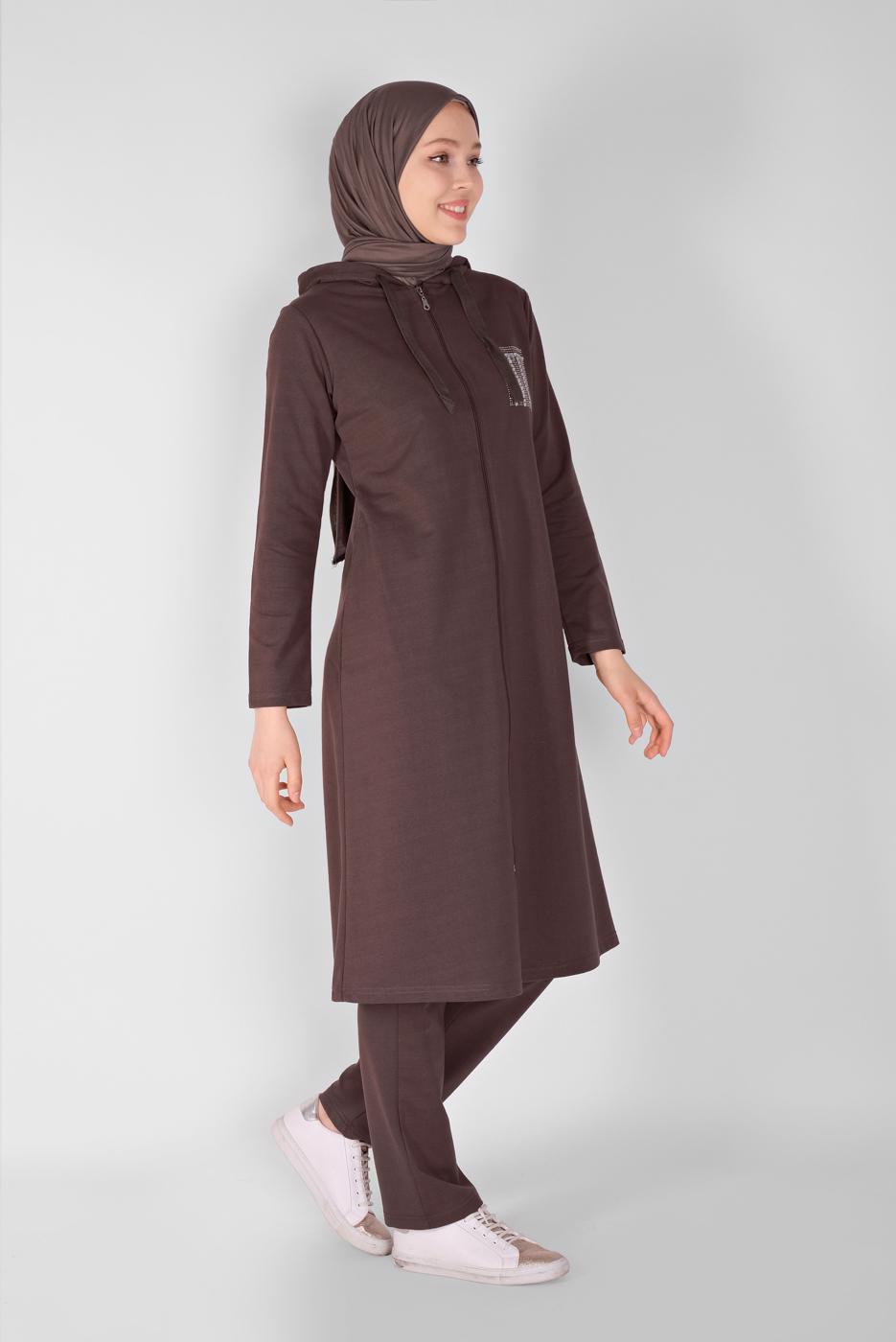 Vêtements hijab BRUN ENSEMBLE DE SURVÊTEMENT ZIPPÉ IMPRIMÉ PIERRE AVEC PANTALON 2307