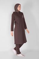 Vêtements hijab BRUN ENSEMBLE DE SURVÊTEMENT ZIPPÉ IMPRIMÉ PIERRE AVEC PANTALON 2307