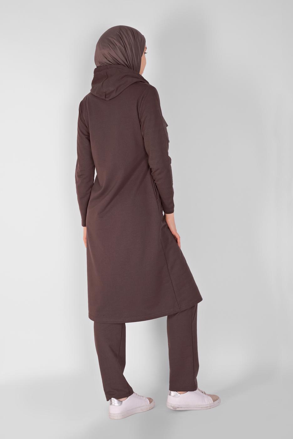 Vêtements hijab BRUN ENSEMBLE DE SURVÊTEMENT ZIPPÉ IMPRIMÉ PIERRE AVEC PANTALON 2307