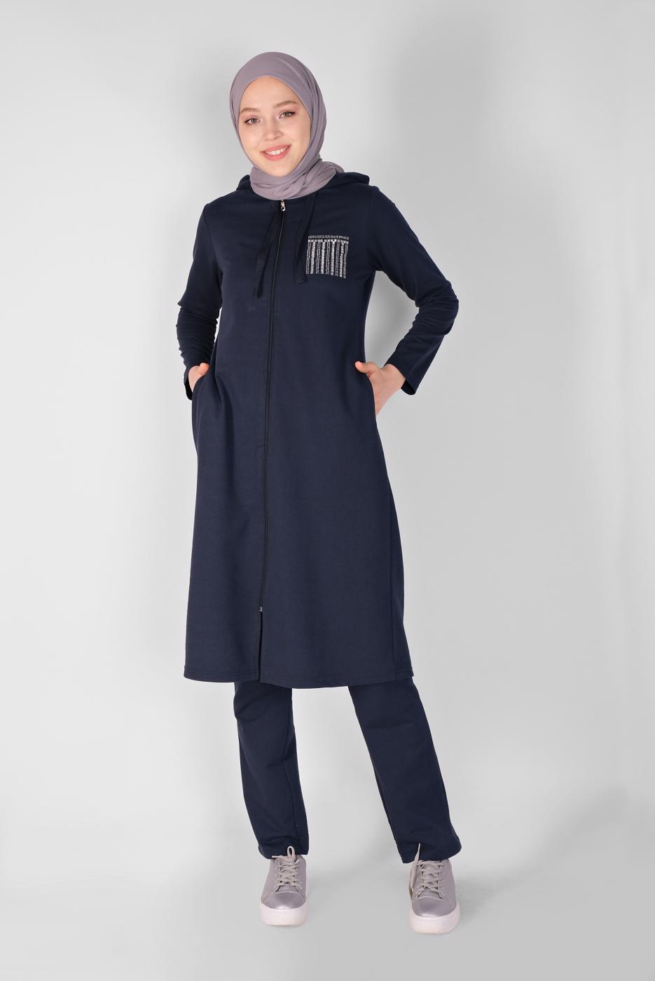 Vêtements hijab BLEU MARINE ENSEMBLE DE SURVÊTEMENT ZIPPÉ IMPRIMÉ PIERRE AVEC PANTALON 2307