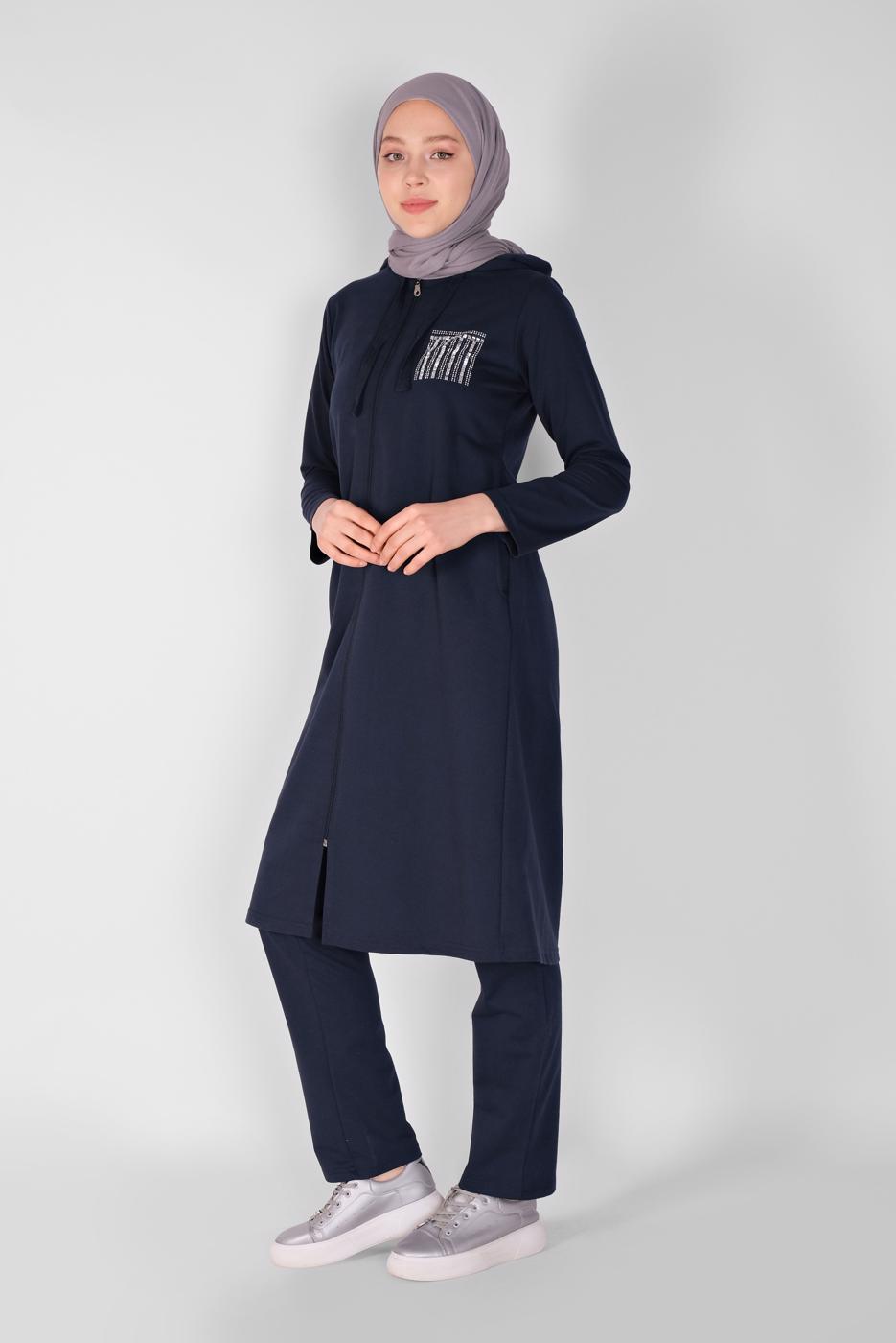 Vêtements hijab BLEU MARINE ENSEMBLE DE SURVÊTEMENT ZIPPÉ IMPRIMÉ PIERRE AVEC PANTALON 2307
