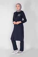 Vêtements hijab BLEU MARINE ENSEMBLE DE SURVÊTEMENT ZIPPÉ IMPRIMÉ PIERRE AVEC PANTALON 2307