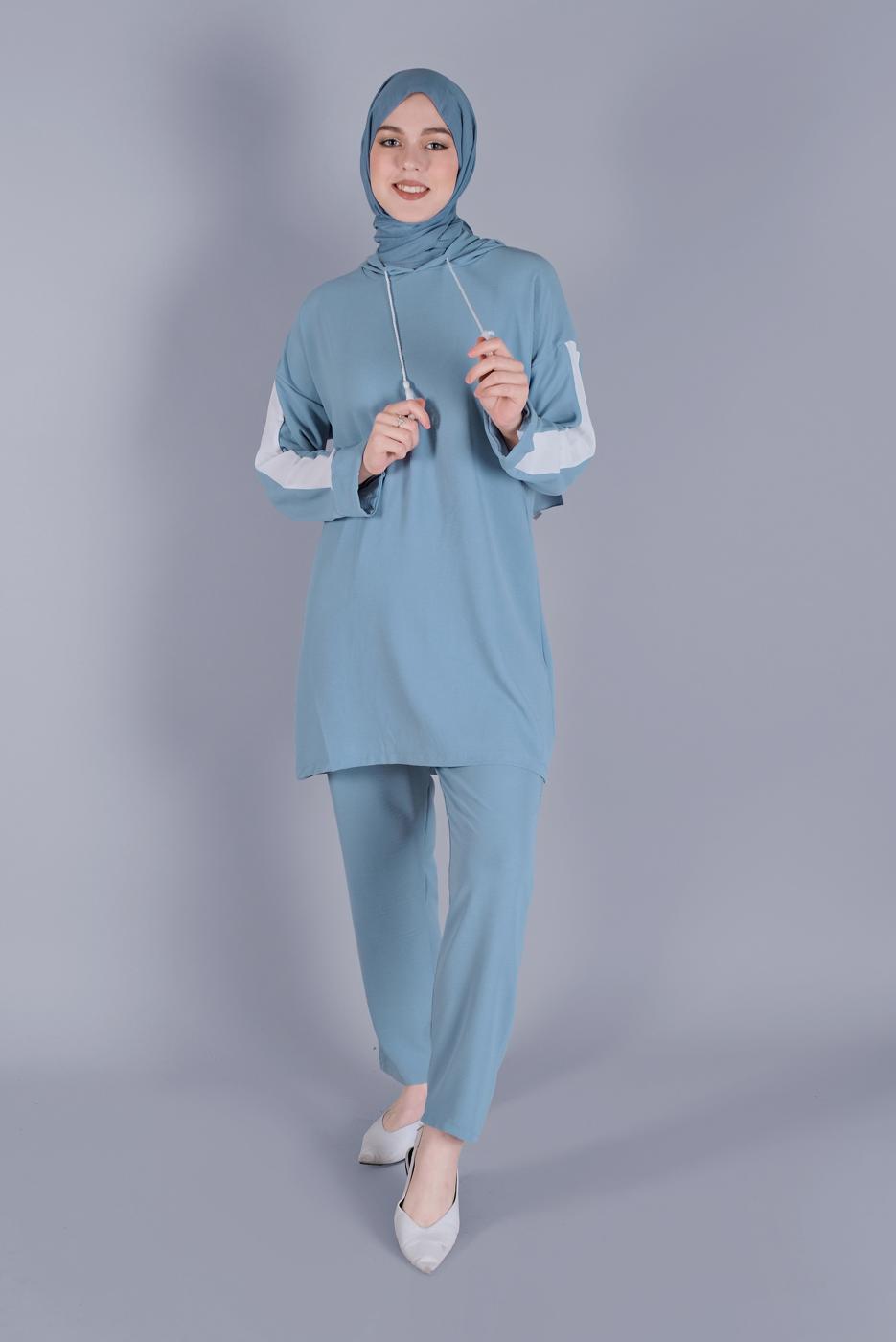 Tesettür giyim MAVİ KAPÜŞONLU İKİLİ PANTOLONLU TAKIM 2766