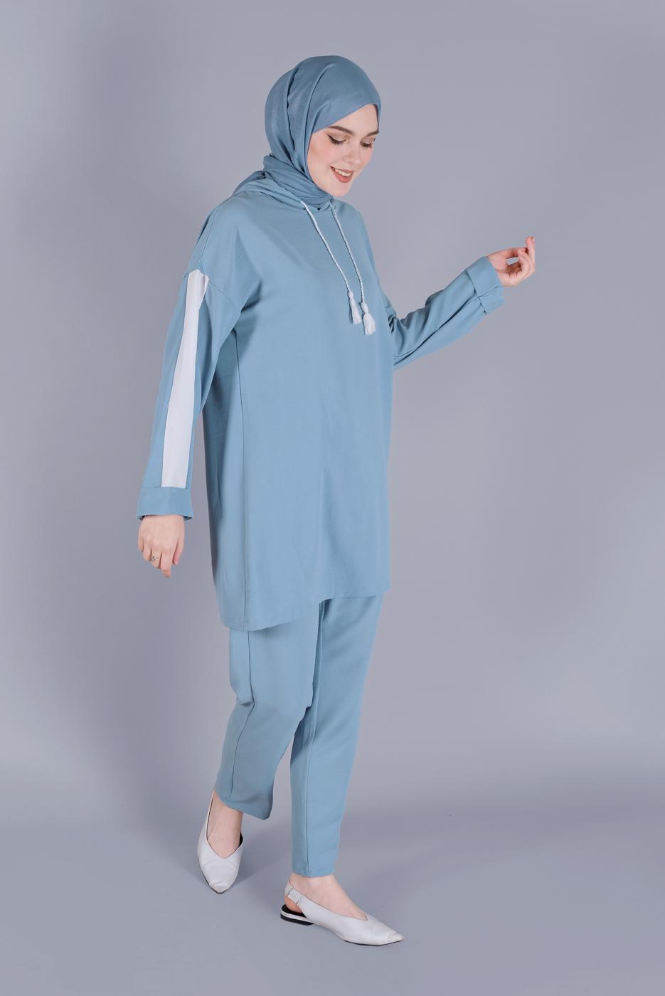 Tesettür giyim MAVİ KAPÜŞONLU İKİLİ PANTOLONLU TAKIM 2766