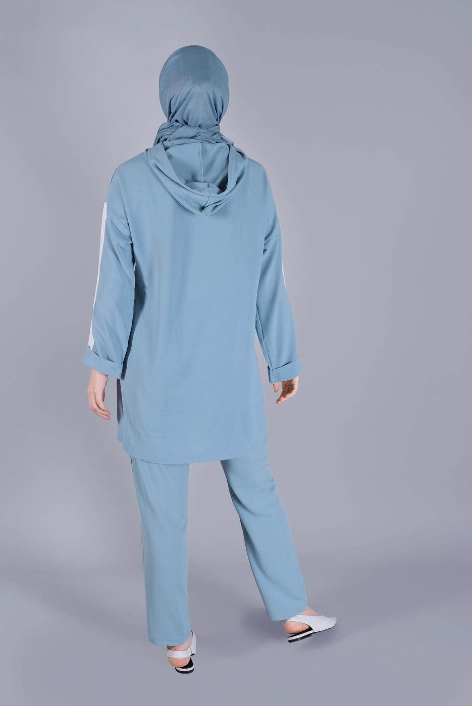 Tesettür giyim MAVİ KAPÜŞONLU İKİLİ PANTOLONLU TAKIM 2766