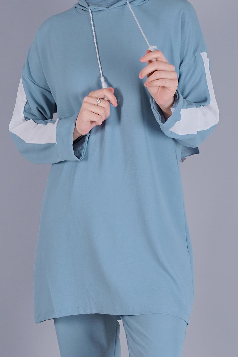 Tesettür giyim MAVİ KAPÜŞONLU İKİLİ PANTOLONLU TAKIM 2766