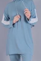 Tesettür giyim MAVİ KAPÜŞONLU İKİLİ PANTOLONLU TAKIM 2766