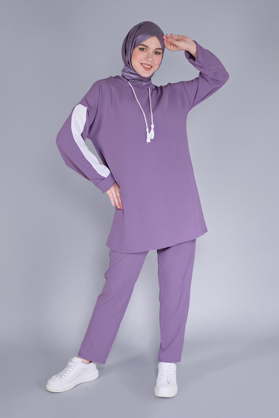 Tesettür giyim MOR KAPÜŞONLU İKİLİ PANTOLONLU TAKIM 2766
