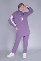 Tesettür giyim MOR KAPÜŞONLU İKİLİ PANTOLONLU TAKIM 2766