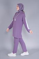 Tesettür giyim MOR KAPÜŞONLU İKİLİ PANTOLONLU TAKIM 2766