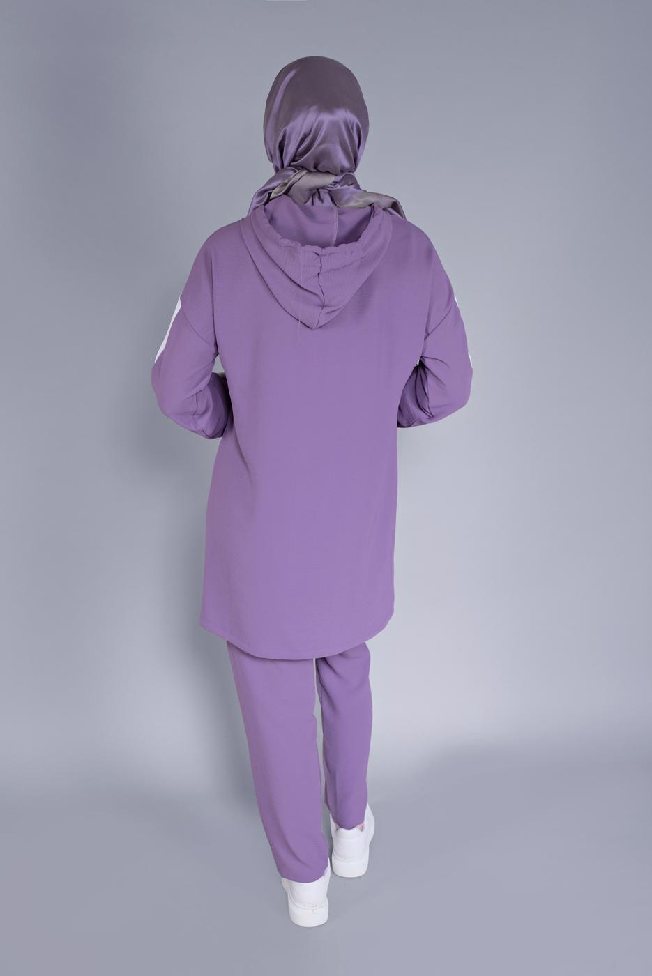Tesettür giyim MOR KAPÜŞONLU İKİLİ PANTOLONLU TAKIM 2766