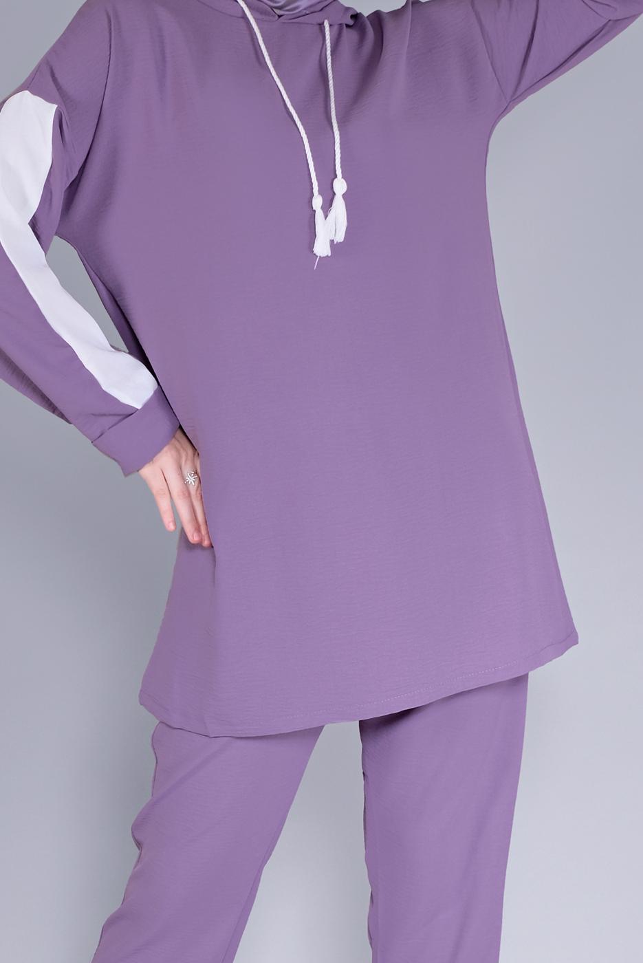 Tesettür giyim MOR KAPÜŞONLU İKİLİ PANTOLONLU TAKIM 2766